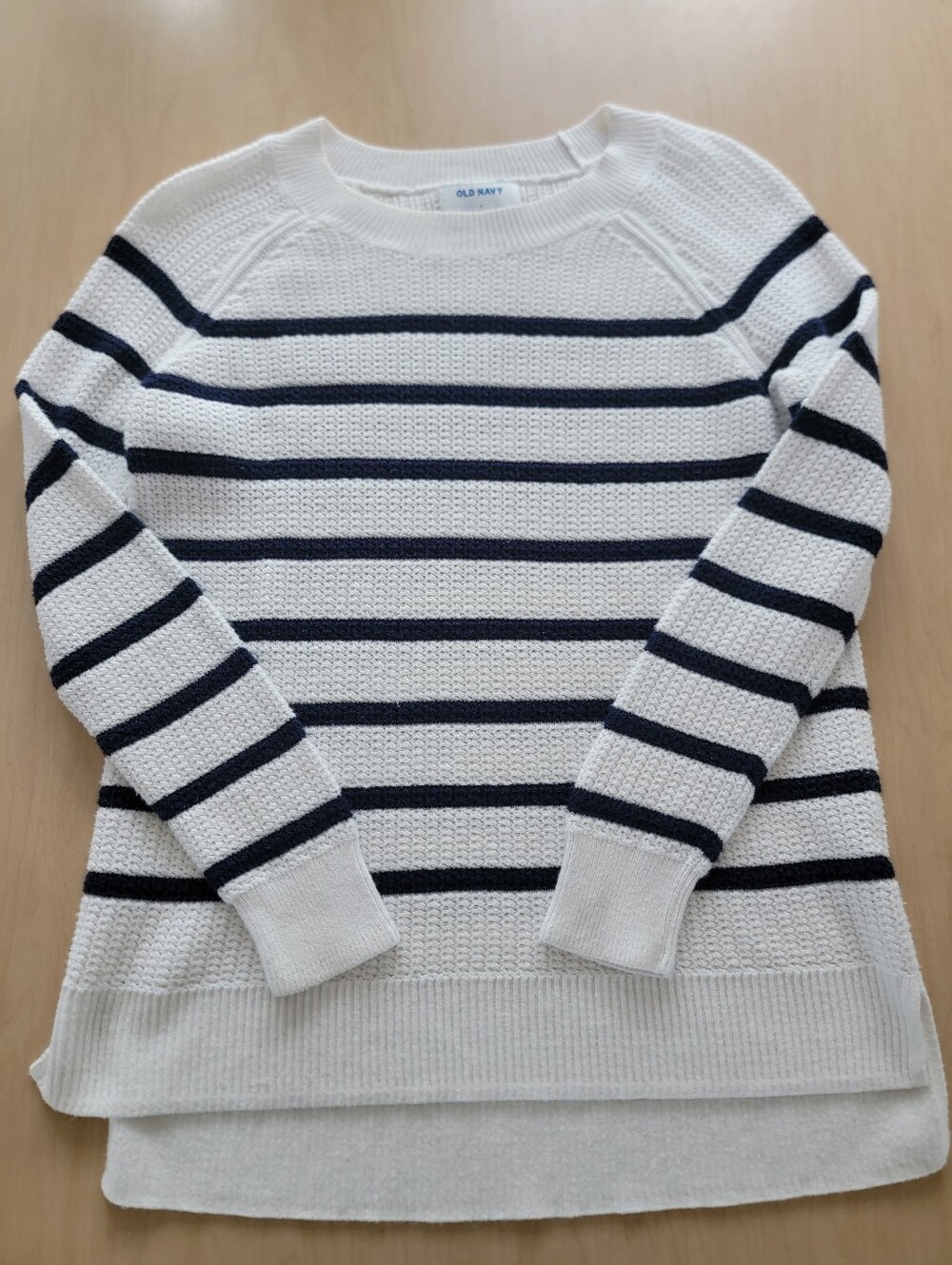 Old Navy White Crewneck Sweater with Navy Stripes Small